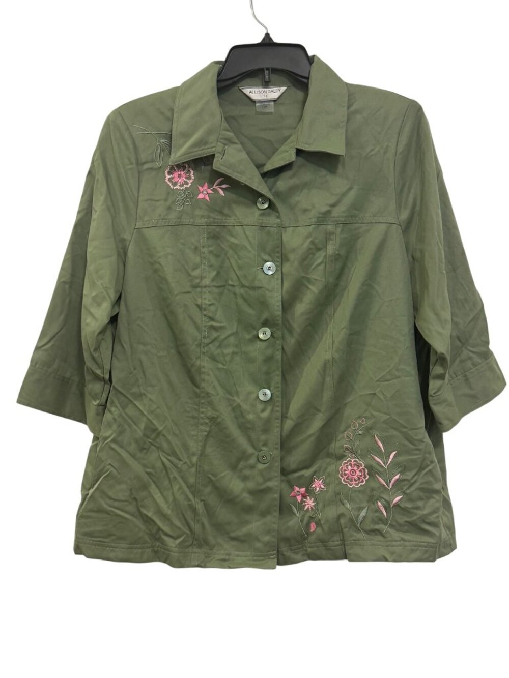 Allison Daley Womens size 18W Green Button-Up Shirt Embroidered Floral